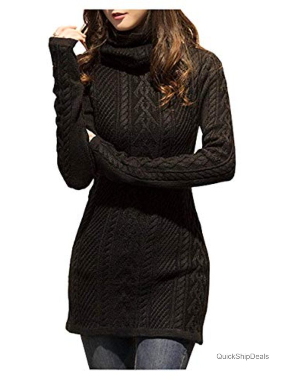 Women Polo Neck Long Slim Fitted Bodycon Turtleneck Cable Knit Sweater